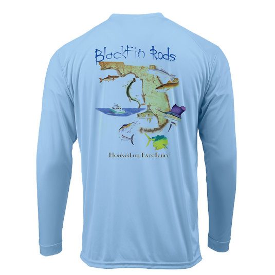 Two sided, Dri-fit, UPF 50, long sleeve surf shirt with Blackfin logo on front and Florida map on back. Blue back
