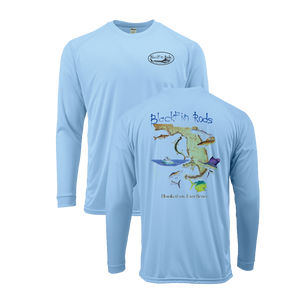 Two sided, Dri-fit, UPF 50, long sleeve surf shirt with Blackfin logo on front and Florida map on back. Blue front and back