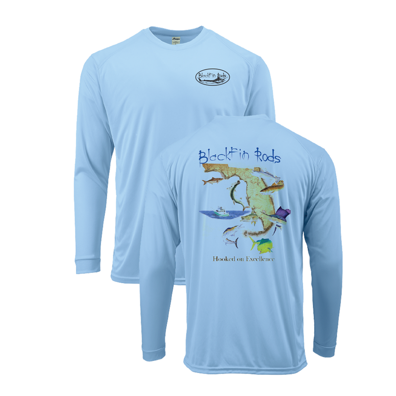 Load image into Gallery viewer, Two sided, Dri-fit, UPF 50, long sleeve surf shirt with Blackfin logo on front and Florida map on back. Blue front and back
