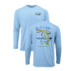 Two sided, Dri-fit, UPF 50, long sleeve surf shirt with Blackfin logo on front and Florida map on back. Blue front and back