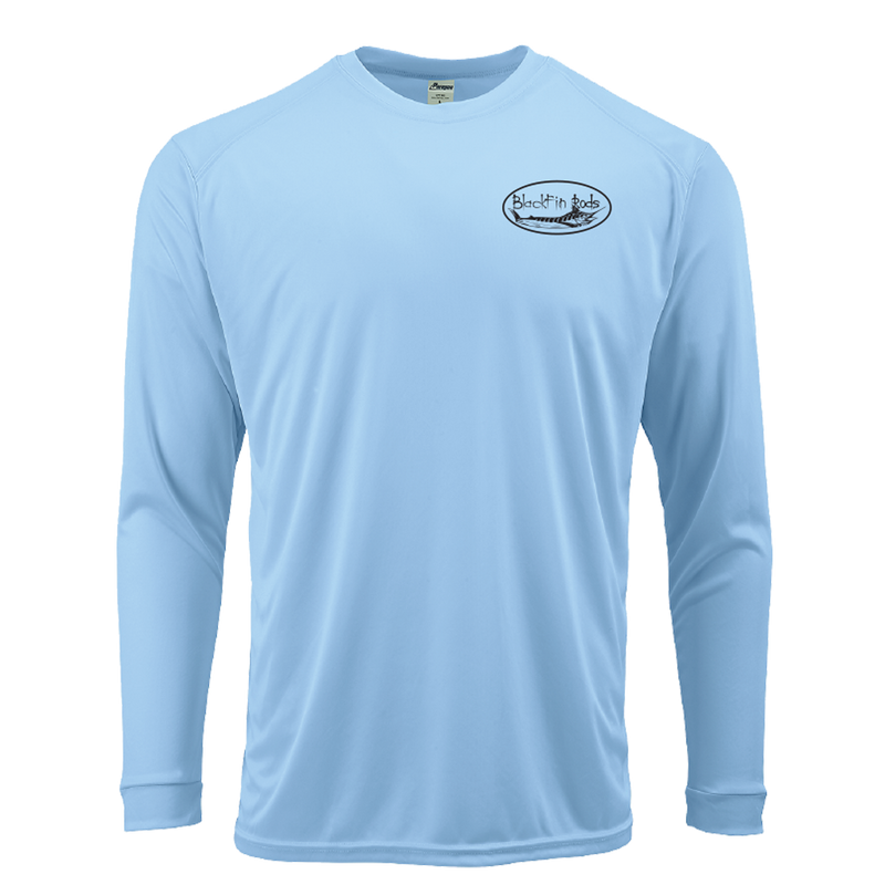 Load image into Gallery viewer, Two sided, Dri-fit, UPF 50, long sleeve surf shirt with Blackfin logo on front and Florida map on back. Blue front
