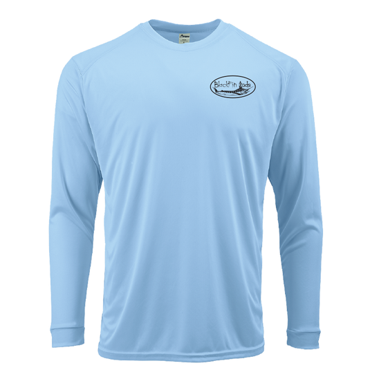 Two sided, Dri-fit, UPF 50, long sleeve surf shirt with Blackfin logo on front and Florida map on back. Blue front