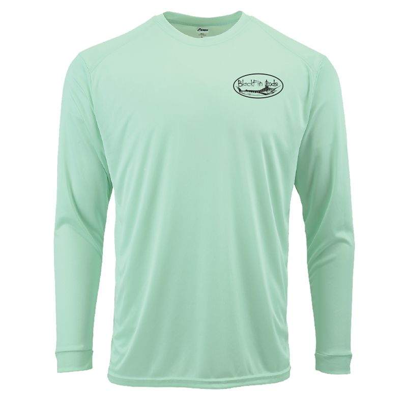 Load image into Gallery viewer, Two sided, Dri-fit, UPF 50, long sleeve surf shirt with Blackfin logo on front and Florida map on back. Green front
