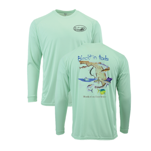 Two sided, Dri-fit, UPF 50, long sleeve surf shirt with Blackfin logo on front and Florida map on back. Green front and back