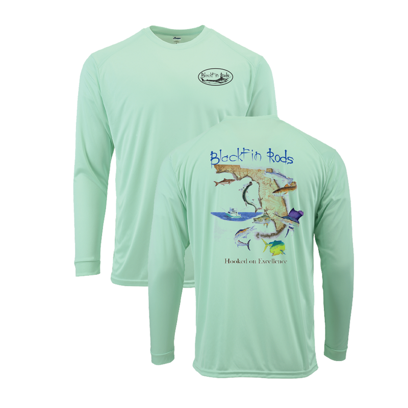 Load image into Gallery viewer, Two sided, Dri-fit, UPF 50, long sleeve surf shirt with Blackfin logo on front and Florida map on back. Green front and back
